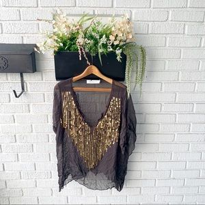 T Bags Los Angeles Sheer Grey Blouse Gold Sequins